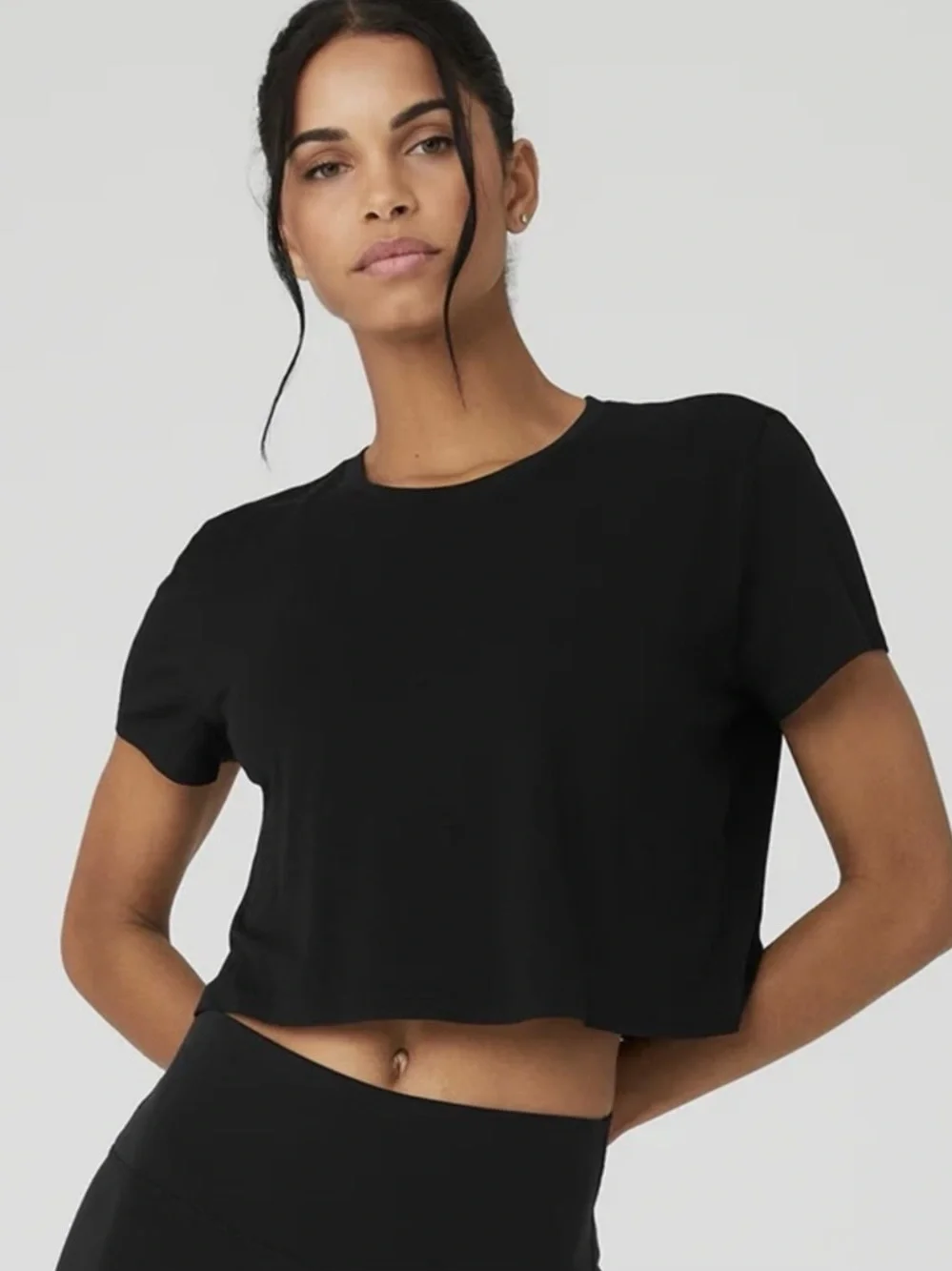 Alo Yoga Cropped All Day Short Sleeve Tee Black Modal Boxy Crop Top Medium